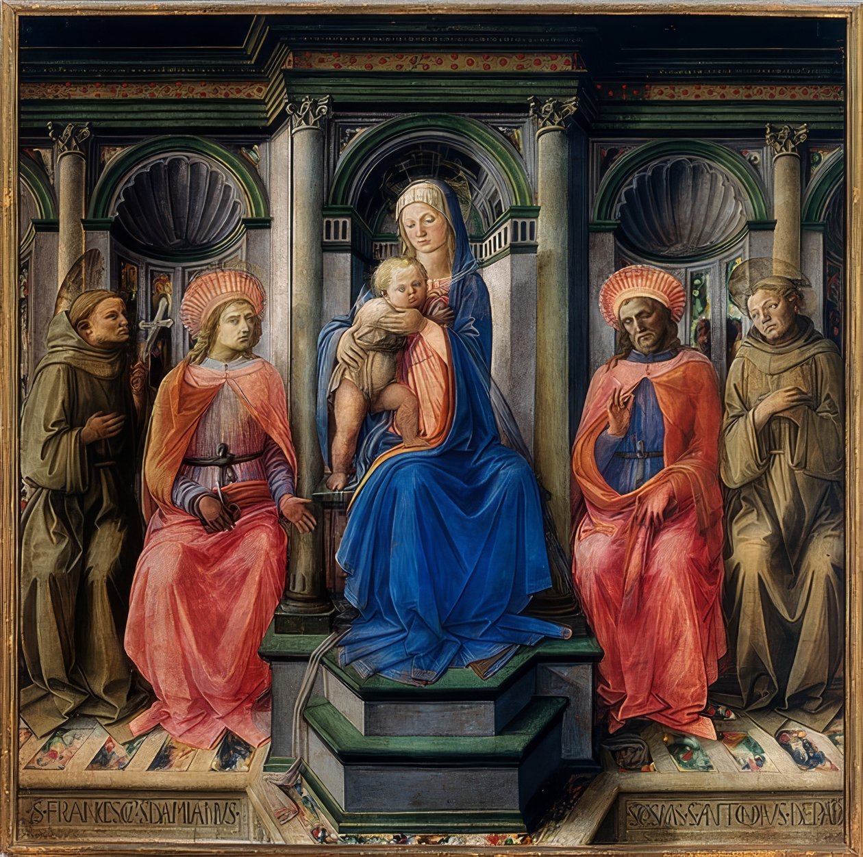 Marie na trůnu s dítětem a svatí František z Assisi, Damián, Kosmas a Antonius Paduánský. 1442 od Fra Filippo Lippi