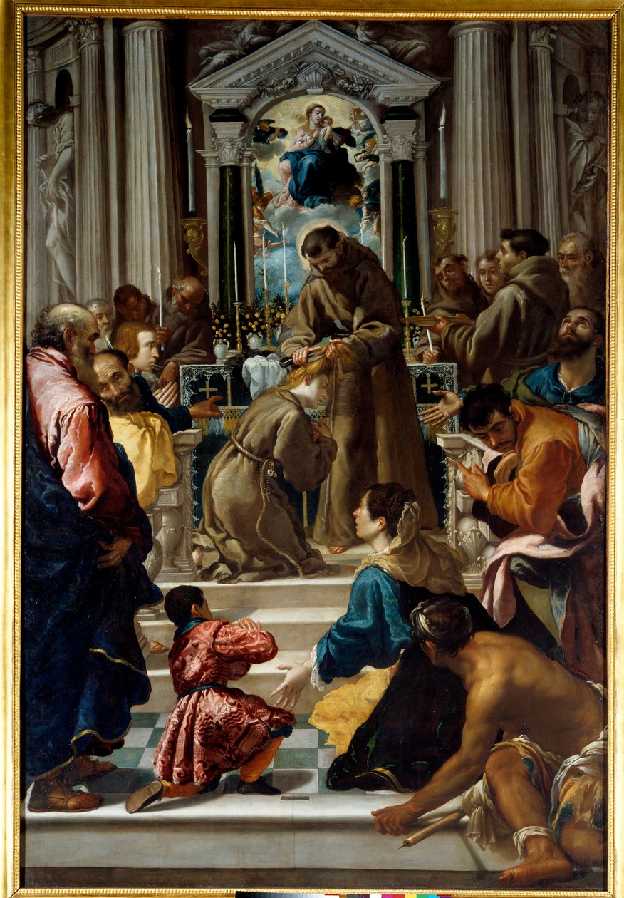 Svatý František z Assisi (1181-1223) stříhá vlasy svaté Claire (1193-1253). Obraz Semplice De Verona (1589-1654) Ec. Ital. od Fra Semplice da Verona