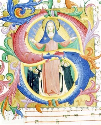 Misál 558 f.156v Historizovaná iniciála "S" zobrazující Pannu Marii, která pod svým pláštěm ukrývá prosebníky, asi 1429-30 (pergamen) od Fra and Strozzi Zanobi di Benedetto Angelico