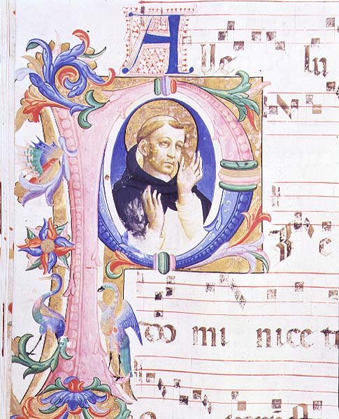 Misál 558 f.24v Historická iniciála „P“ zobrazující mužského světce od Fra and Strozzi Zanobi di Benedetto Angelico