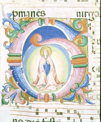 Misál 558 f.92 Historizovaná iniciála "G" zobrazující modlící se Pannu Marii od Fra and Strozzi Zanobi di Benedetto Angelico