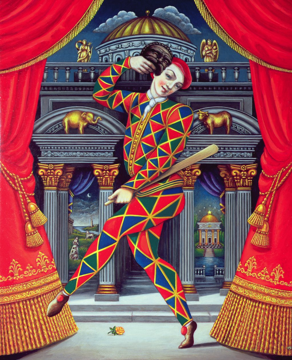 Harlekýn před branami Rohu a Slonoviny, 2007 (olej a tempera na panelu) od Frances Broomfield