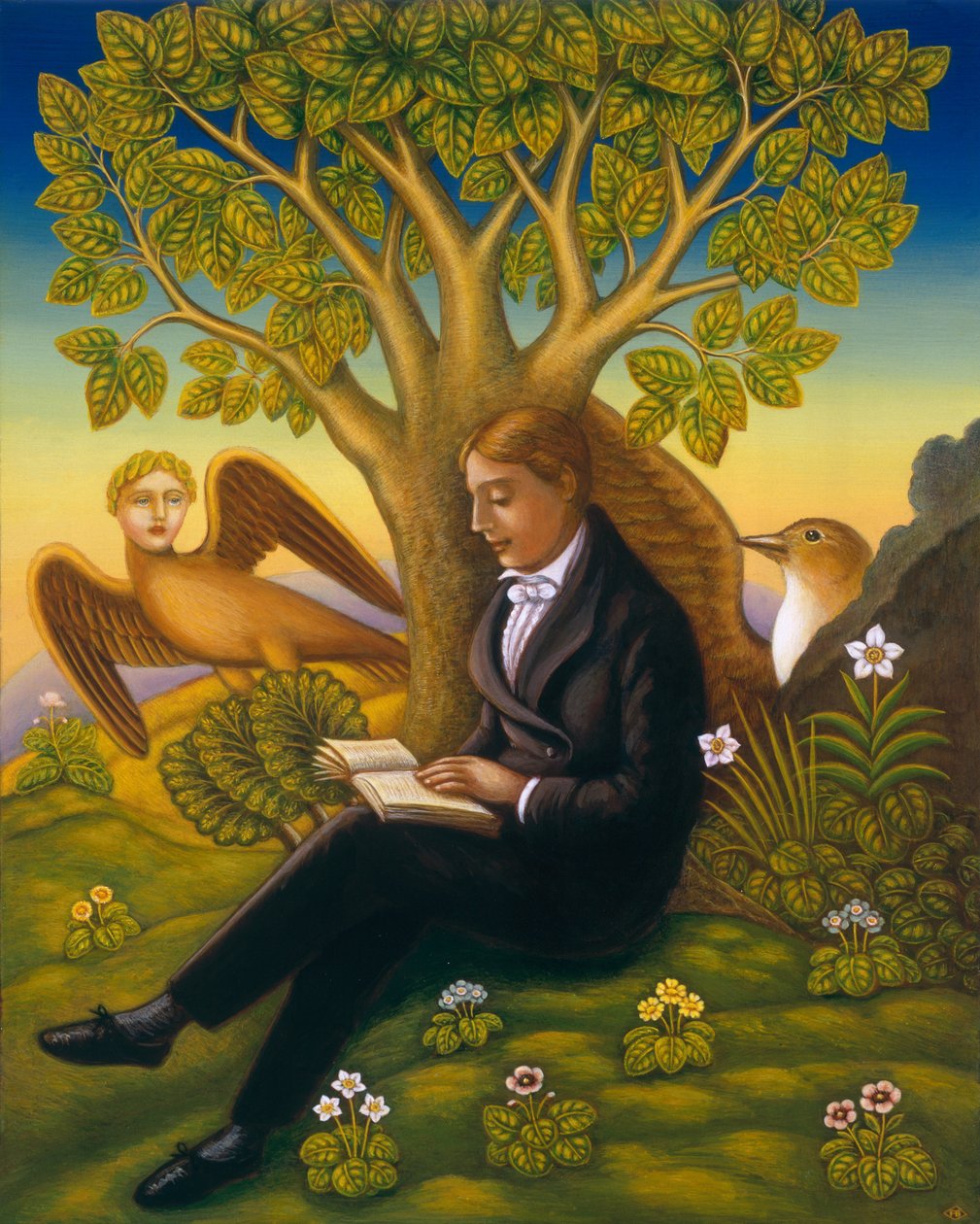 Keats (1795-1821) a slavík, 2002 (olej a tempera na panelu) od Frances Broomfield