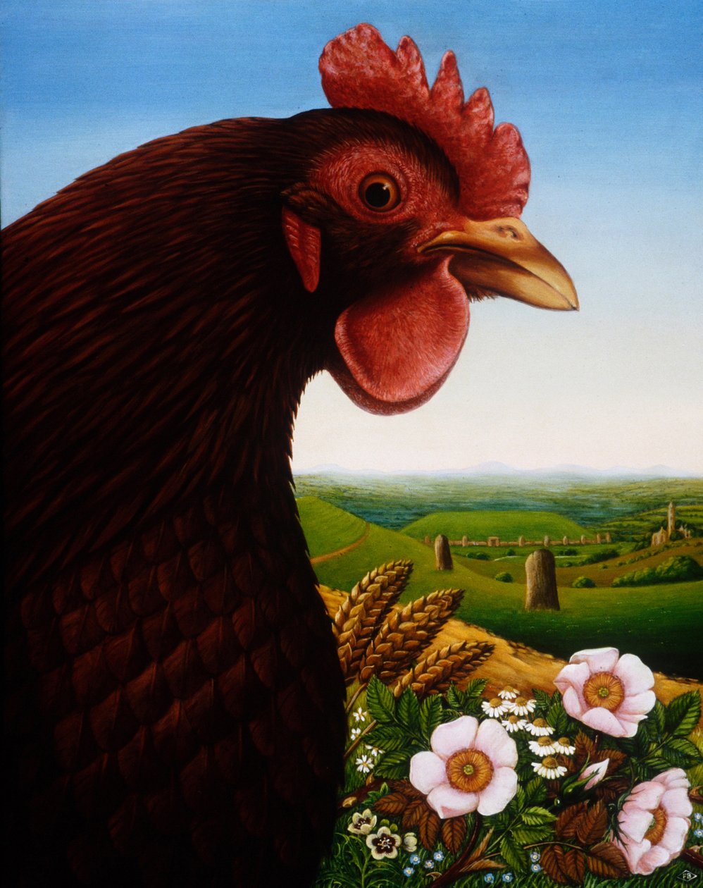 Music of a Lost Kingdom (Big Chicken), 1987 (olej a tempera na panelu) od Frances Broomfield
