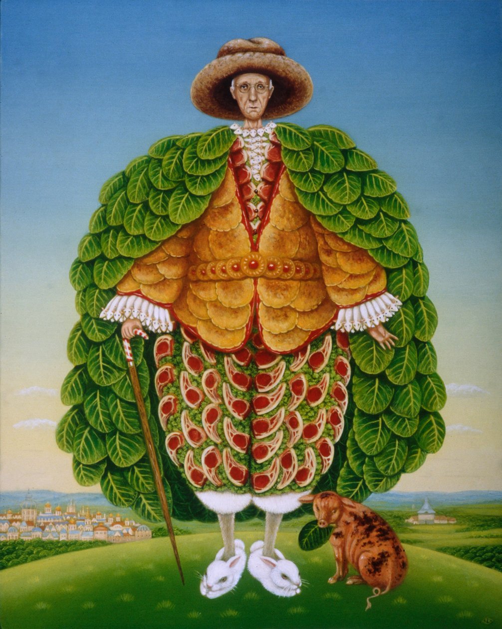 The New Vestments (Ivor Cutler jako postava v básni Edwarda Leara), 1994 (oleje a tempery na panelu) od Frances Broomfield