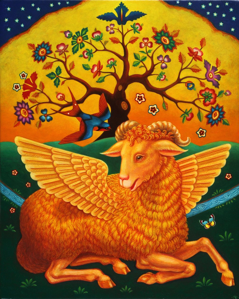 Beran se zlatým rounem, 2011 (oleje a tempery na panelu) od Frances Broomfield