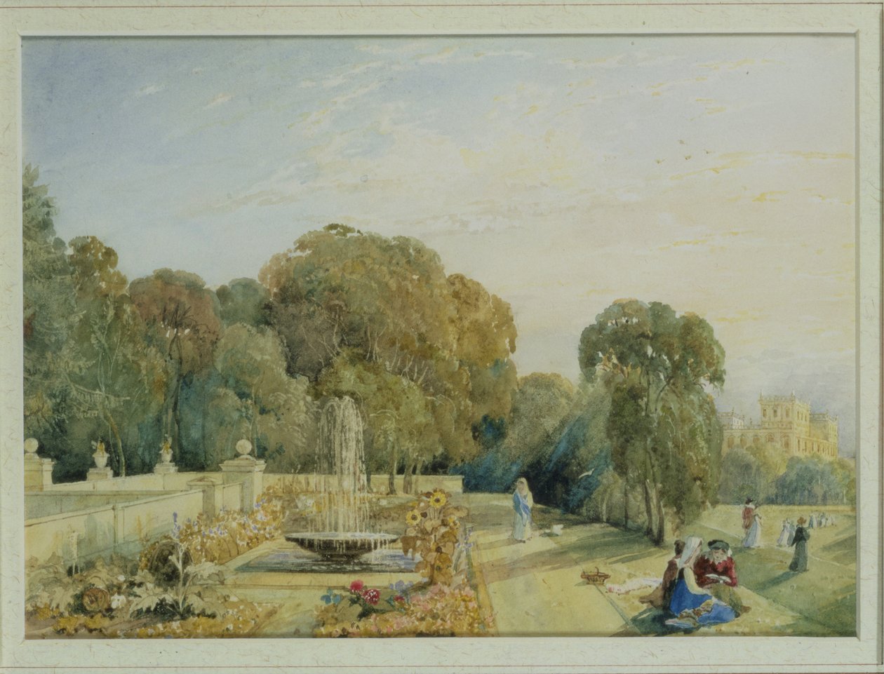 Pohled na zahrady v Chatsworth, Derbyshire, c.1820 (pár 85760) od Frances Elizabeth Swinburne