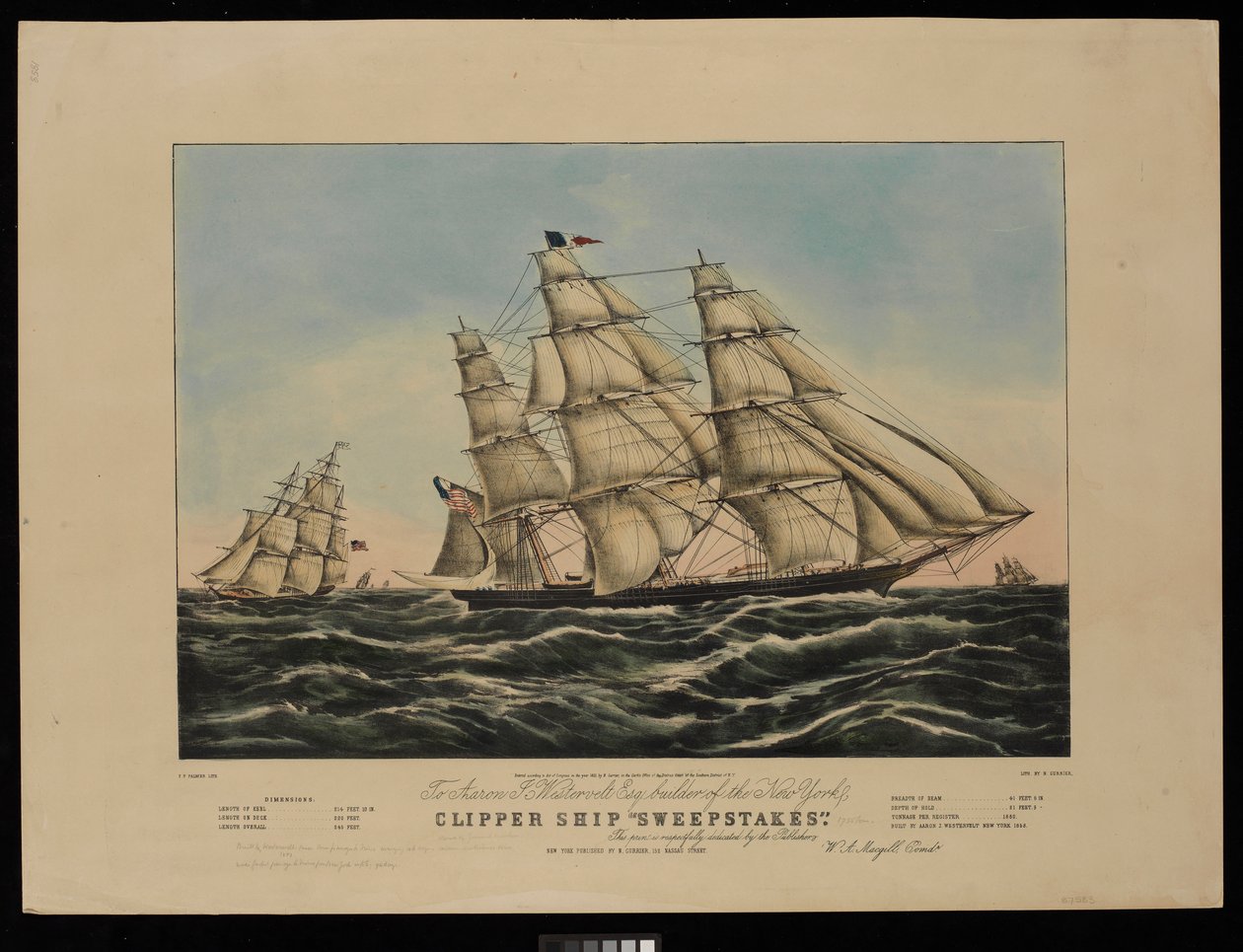 Aaronovi J. Westerveltovi, staviteli newyorské kliprové lodi Sweepstakes, věnuje tento tisk s úctou nakladatelství..., litografie, kolorovaná (litografie, kolorovaná) od Frances Flora Bond (c.1812-76) (after) Palmer