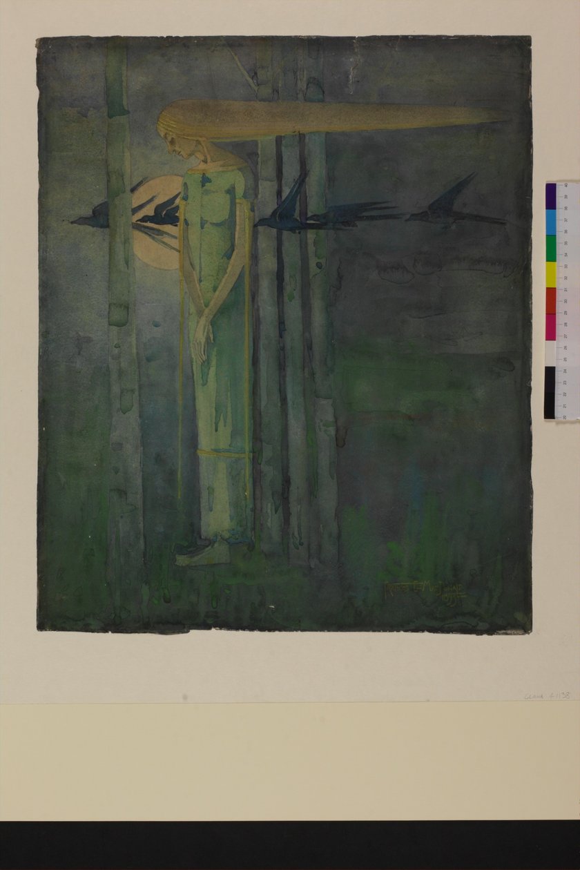 „Ill Omen“ nebo „Dívka ve východním větru s havrany procházejícími kolem Měsíce“ 1893 od Frances Macdonald
