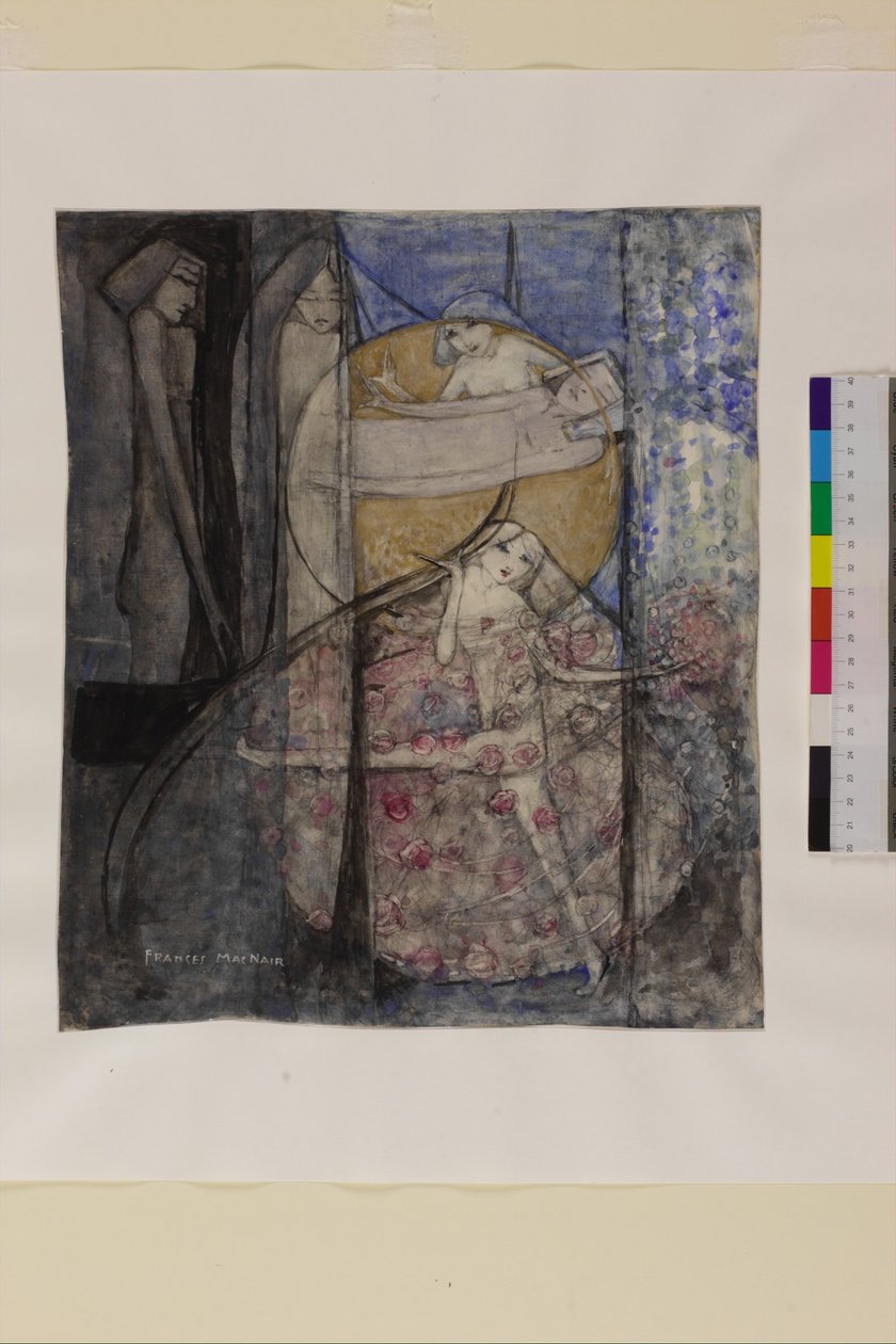 Žena stojící za sluncem, cca 1912-15 (tužka a akvarel na papíře) od Frances Macdonald