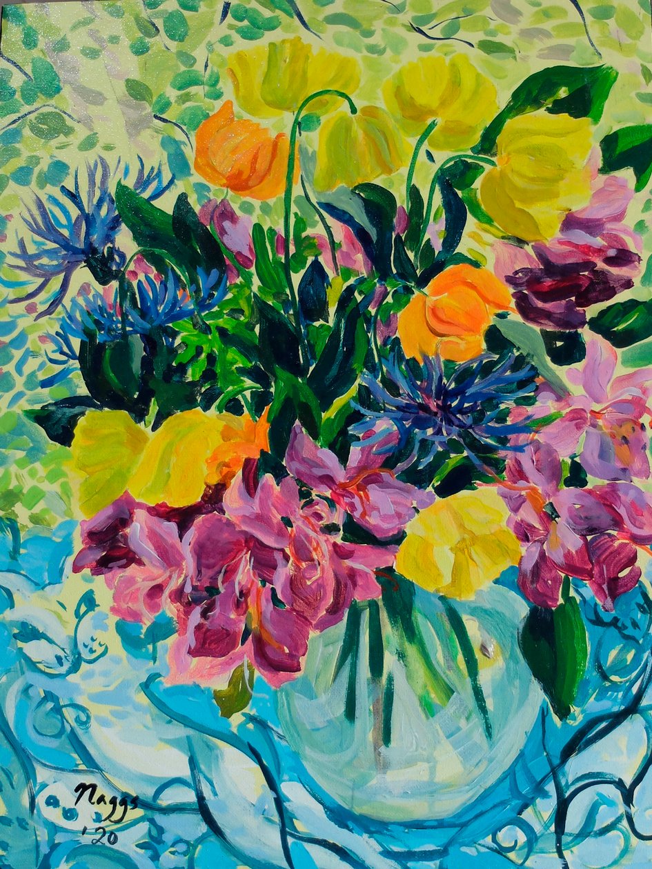 Jarní kytice (rododendron a velšské vlčí máky), 2020 (akryl na plátně) od Frances Naggs