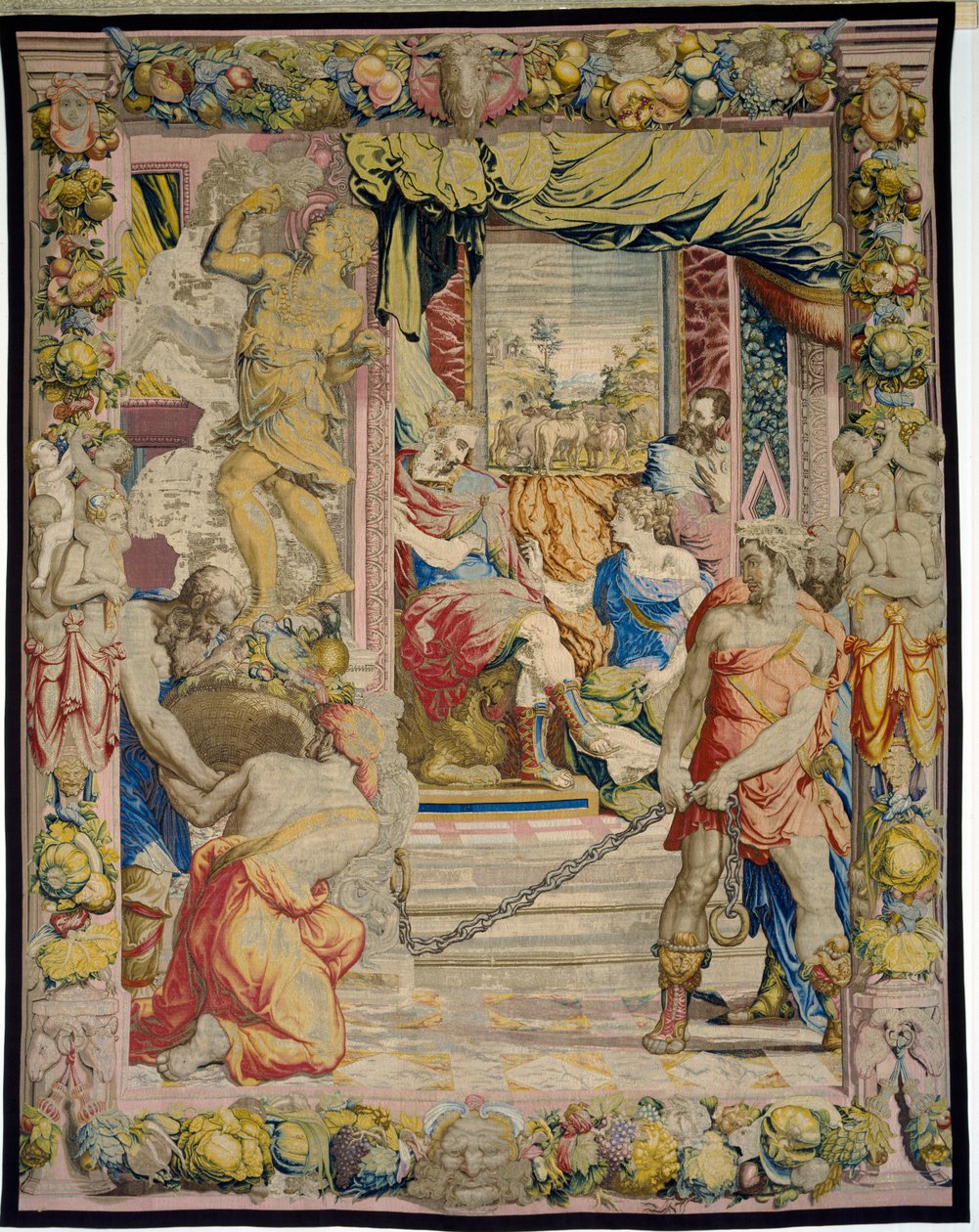 Joseph vysvětluje faraonovi svůj sen o tlustých a štíhlých kravách ze Sala dei Dugento, 1546-53 (tapisérie) od Francesco and Karcher, N Salviati
