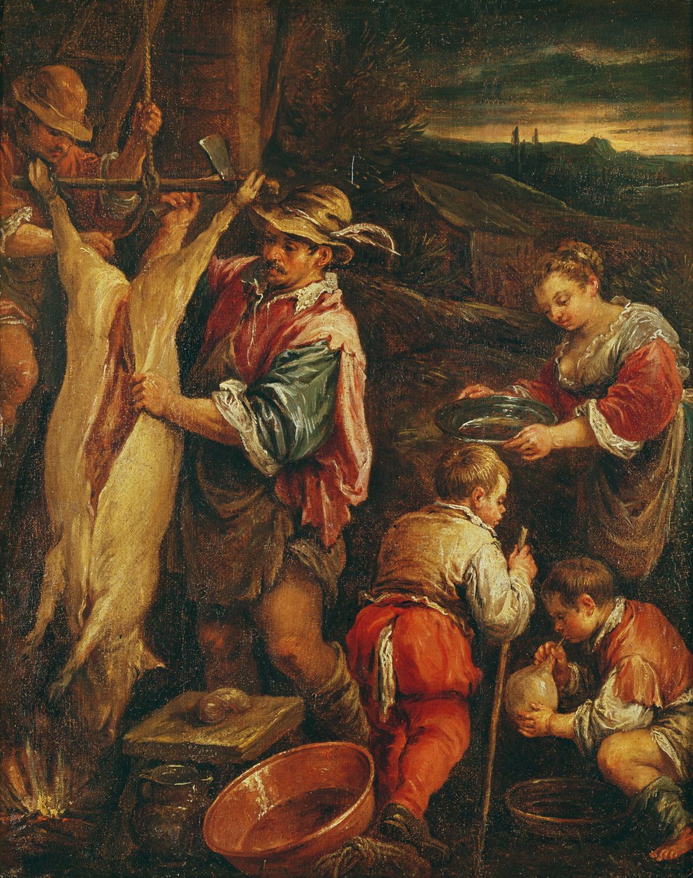 Sedlák stahující vepřovou kůži od Francesco Bassano