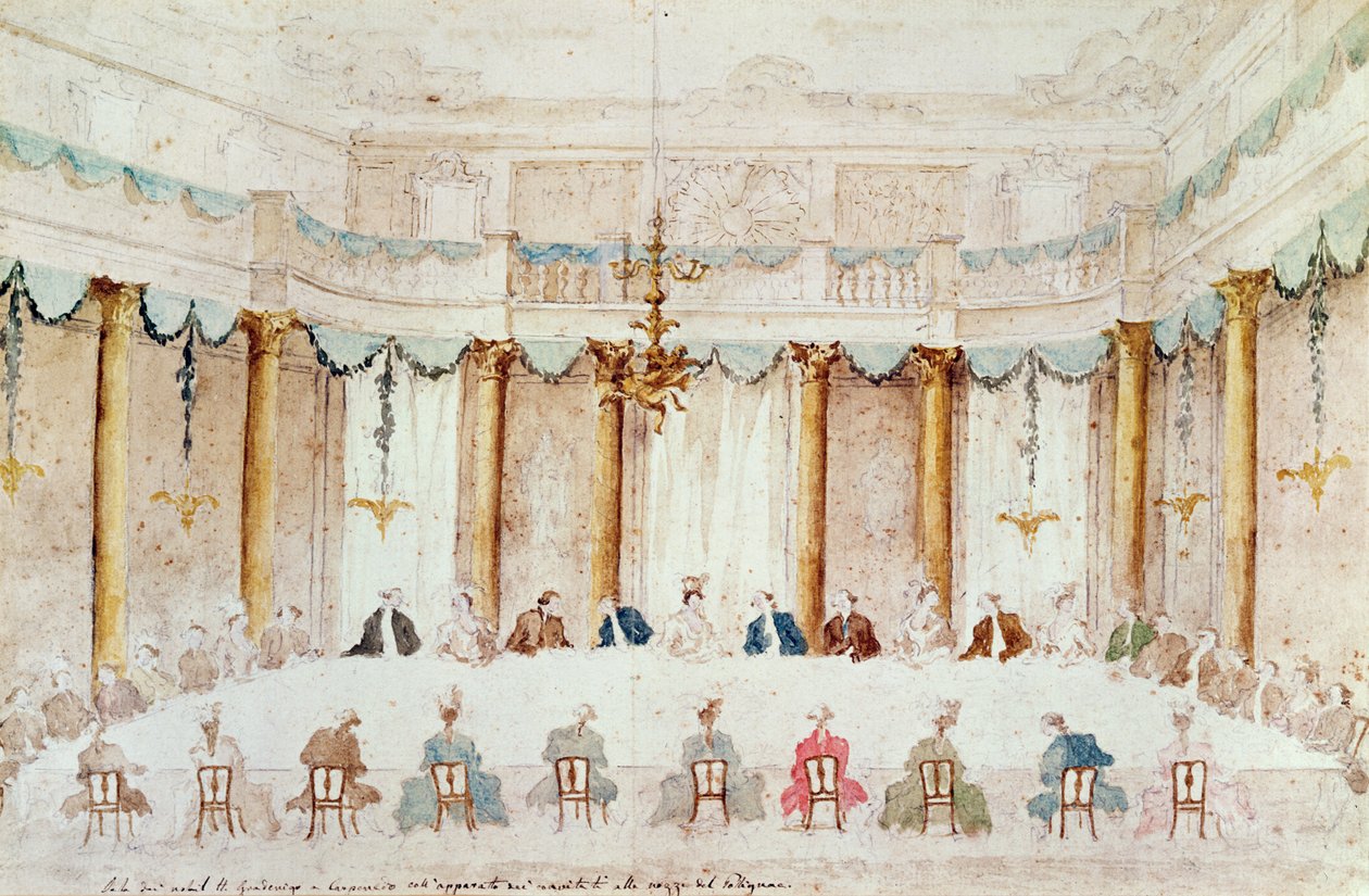 Slavnostní večeře k oslavě svatby Armanda (1771-1847) vévody z Polignacu s baronkou Idaliou z Neukirchenu ve Villa Gradenigo, Carpenedo, 1790 (wc přes grafit s perem a inkoustem na papíře od Francesco Guardi