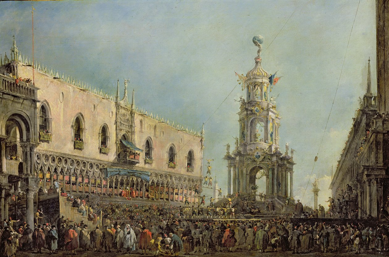 Dóže sleduje festival tuku ve čtvrtek na náměstí Piazzetta di San Marco, 1766-70 od Francesco Guardi