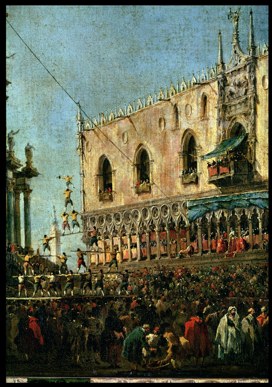 Festival Doge in the Shrove Tuesday na Piazzetta, Benátky, detail akrobatů olej na plátně od Francesco Guardi