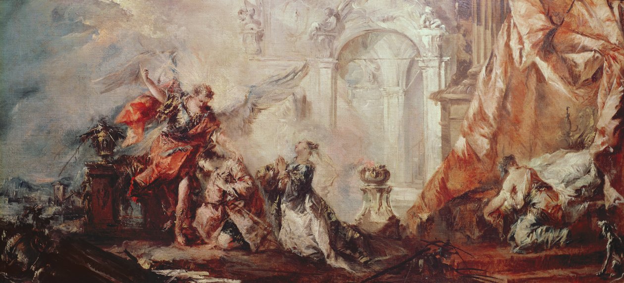 Tobiášova svatba, detail páru Sary a Tobiáše před Raphaelovým prostředníkem vzdávajícím díky Bohu, olej na plátně kolem roku 1750 od Francesco Guardi