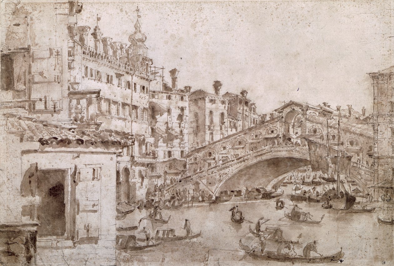 Most Rialto, Benátky (pero a hnědá tuš na papíře) od Francesco Guardi