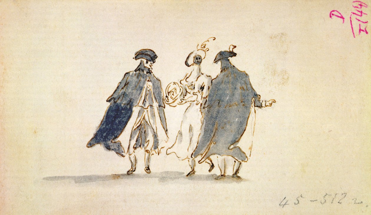 Tři maskované postavy v karnevalovém kostýmu od Francesco Guardi