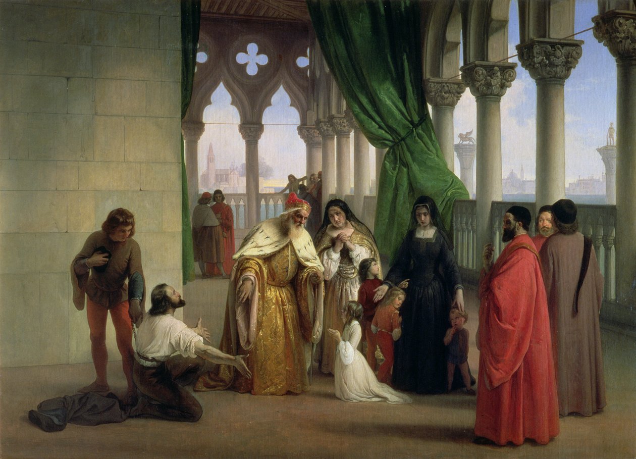 Dva Foscari: Francesco Foscari, benátský dóže (c.1372-1457) vyhánějící svého syna Jacopa na základě obvinění ze zrádné korespondence v exilu; námět Bryonova poetického dramatu „Dva Foscariové“ od Francesco Hayez
