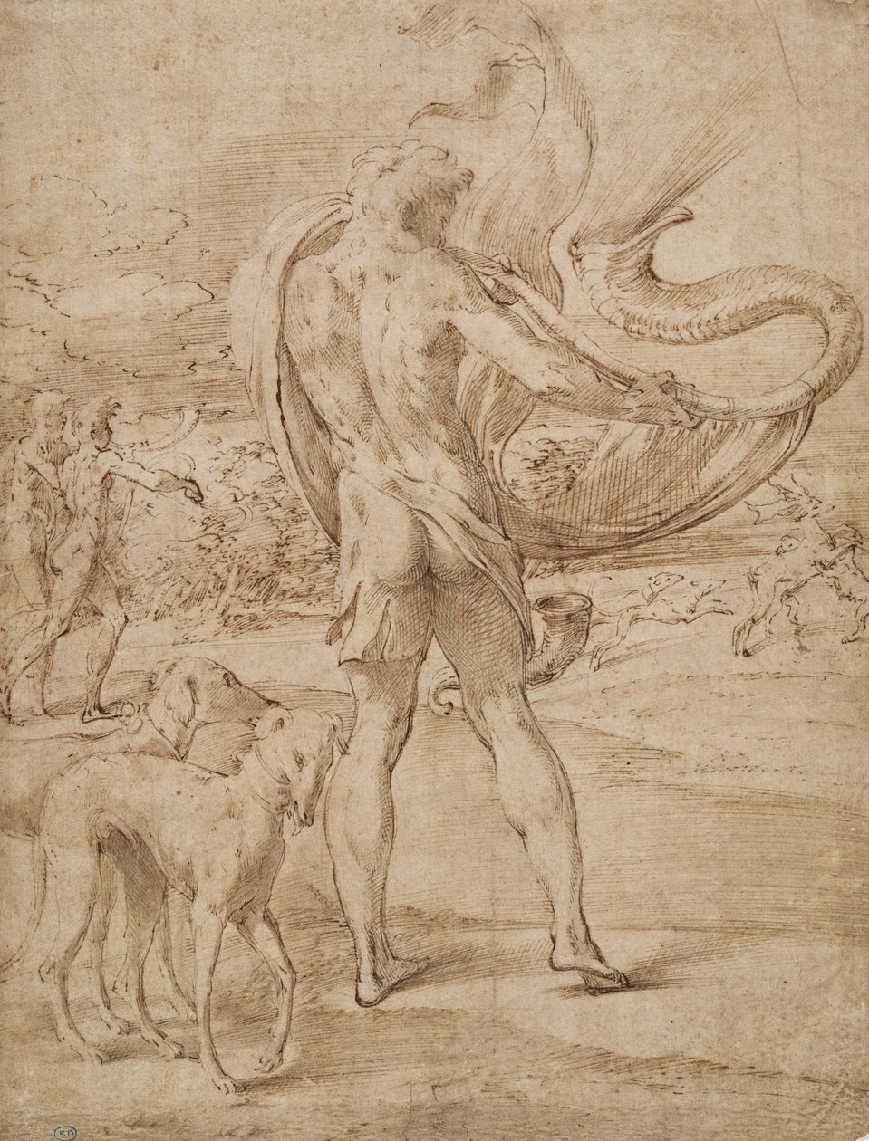 Lovci rozeznívající jeho roh dálkovým lovem od Parmigianino