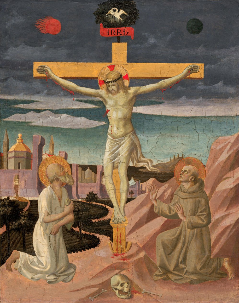 Kristus na kříži, zbožňovaný svatým Jeronýmem a svatým Františkem od Francesco Pesellino