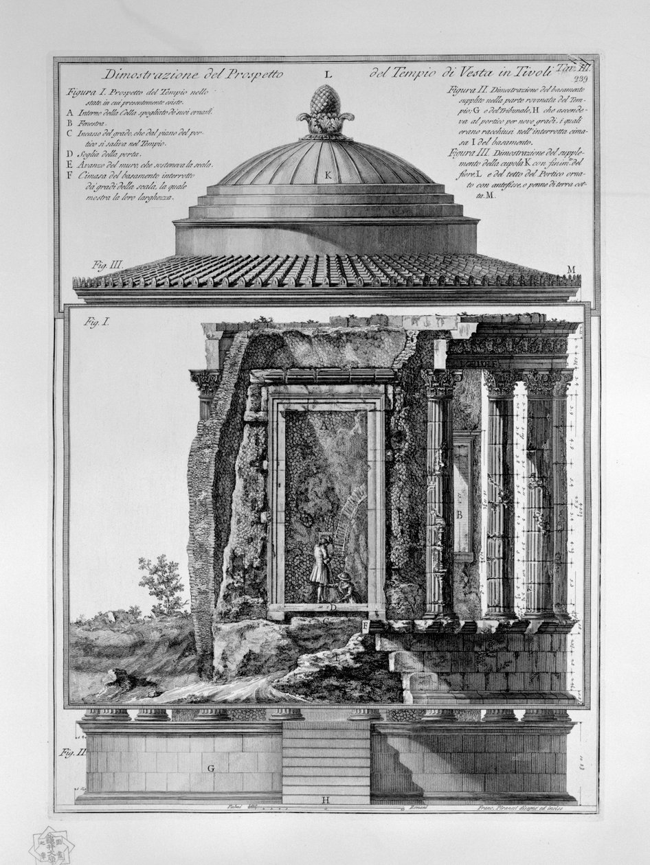 Ukázka prospektu chrámu Vesta v Tivoli od Francesco Piranesi