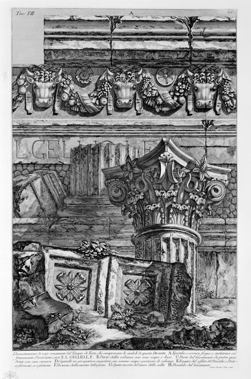 Ukázka různých ozdob chrámu Vesta, které dokazují symboly tohoto Božstva od Francesco Piranesi