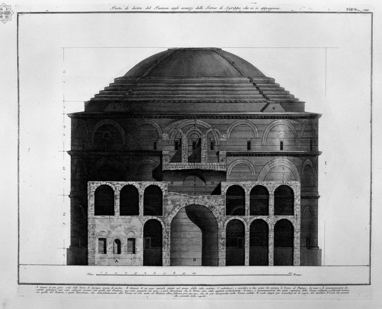 Zadní část Pantheonu se zbytky lázní Agrippa, které se o něj opíraly od Francesco Piranesi