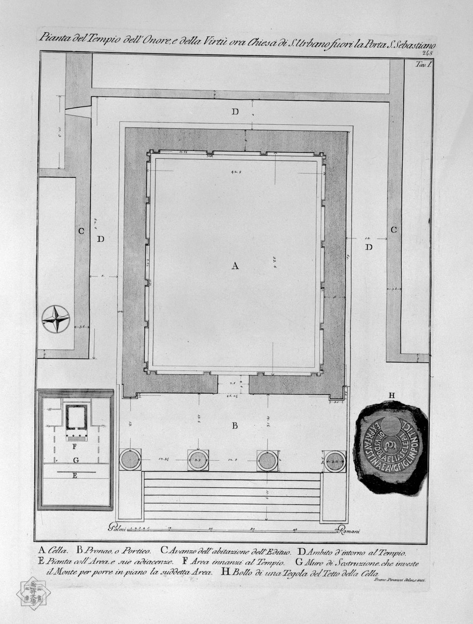 Plán chrámu cti a ctnosti, nyní kostel S. Urbano mimo Porta S. Sebastiano od Francesco Piranesi