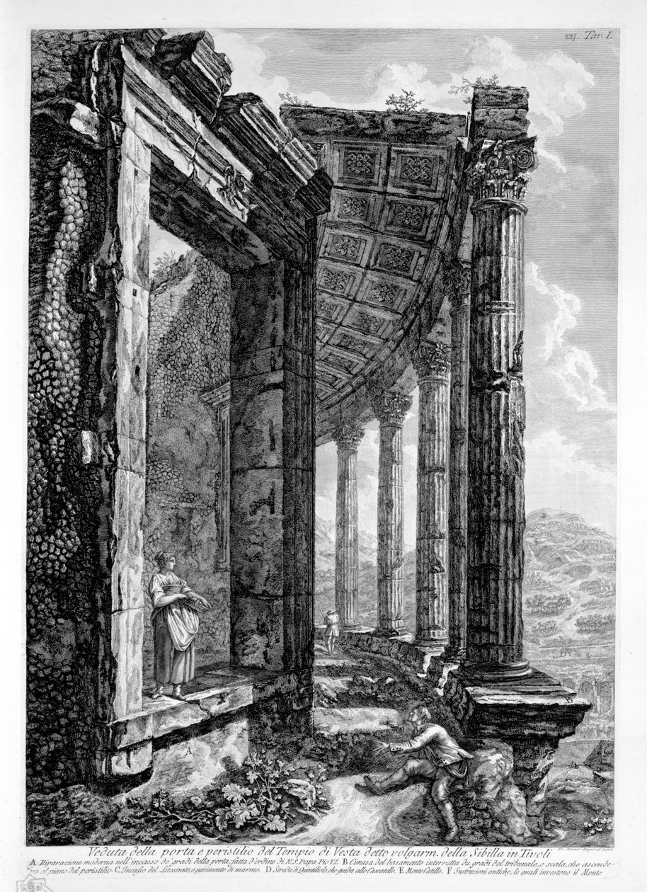 Pohled na dveře a sloupořadí chrámu Vesta známého jako volgarm. Sibyly v Tivoli od Francesco Piranesi