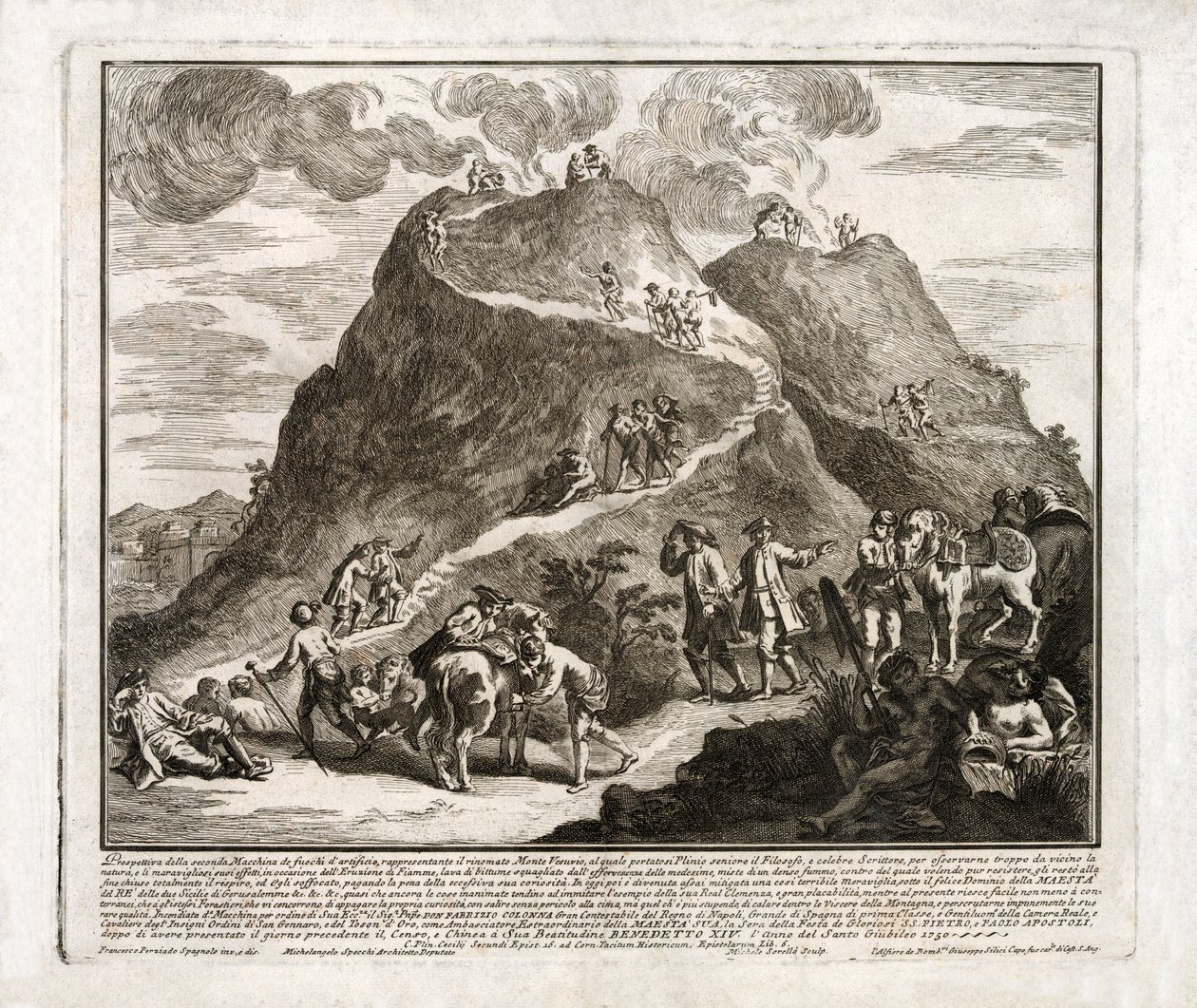 Perspektiva druhé erupce Vesuvu, publikovaná v roce 1750 od Francesco Spagnolo Perziado