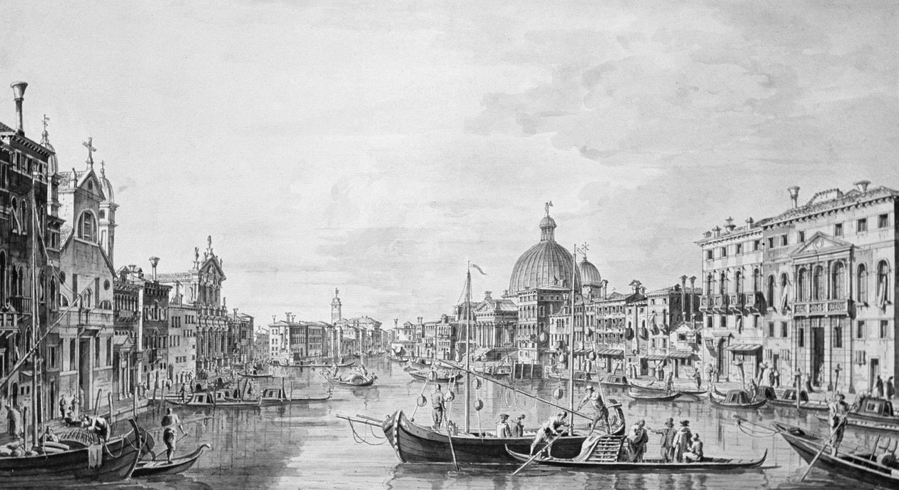Pohled na Canal Grande, Benátky, cca 1800 (pero a inkoust mytí) od Francesco Triconi