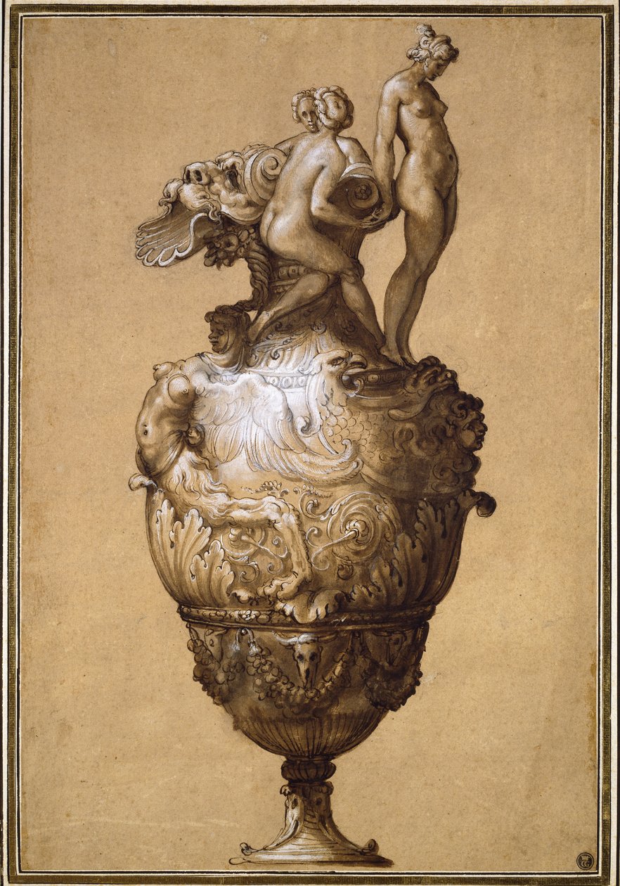 Design for a Ewer (pero a hnědý inkoust s šedým lemováním, zvýrazněný tělovou barvou, přes černou křídu na lesklém papíře) od Francesco de Rossi Salviati Cecchino