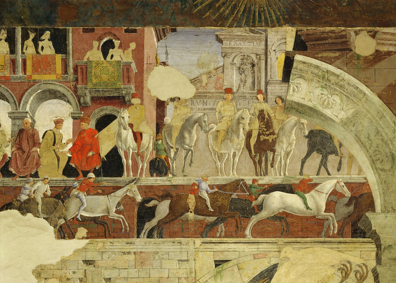Alegorie dubna: představení na náměstí Borso dEste, detail běžících koní a oslů, 1469-70, freska od Francesco del Cossa