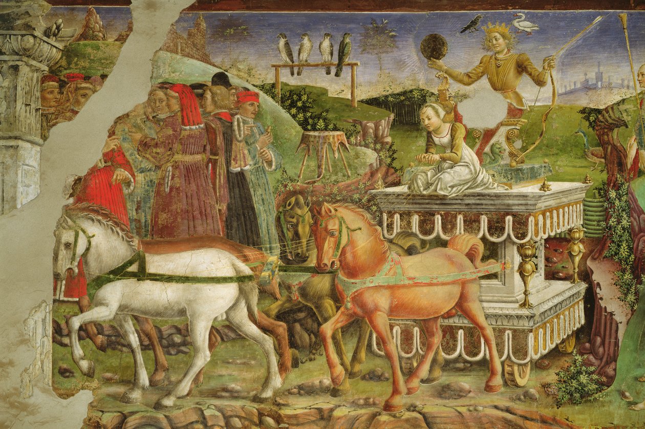 Alegorie května: Apollonův vůz tažený koňmi a poháněný Aurorou, detail z Apollónova triumfu, 1469-70, od Francesco del Cossa