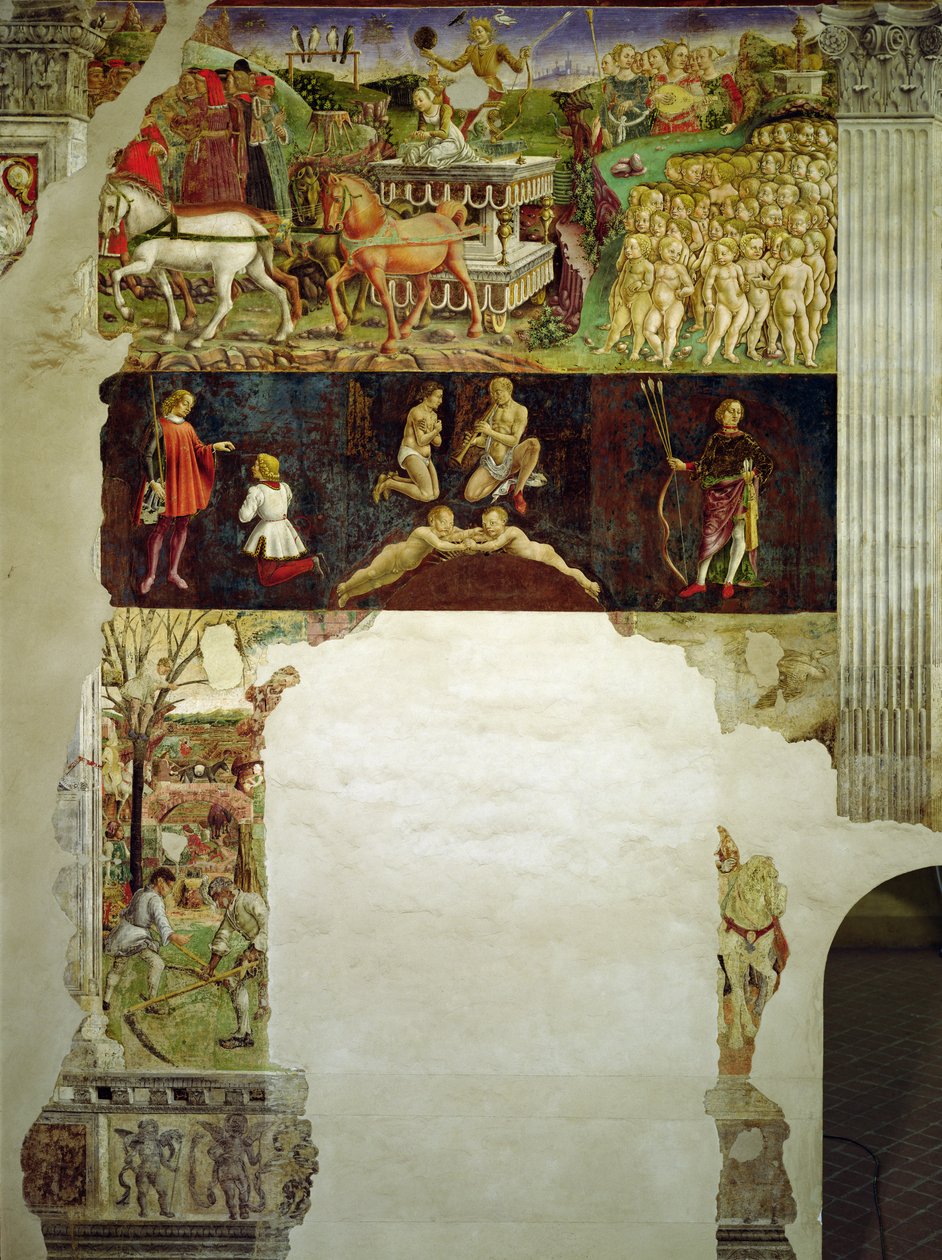 Alegorie května: astrologické symboly Blíženců a Apollónova triumfu, Francesco del Cossa, 1469 - 1470, 15. století, freska od Francesco del Cossa