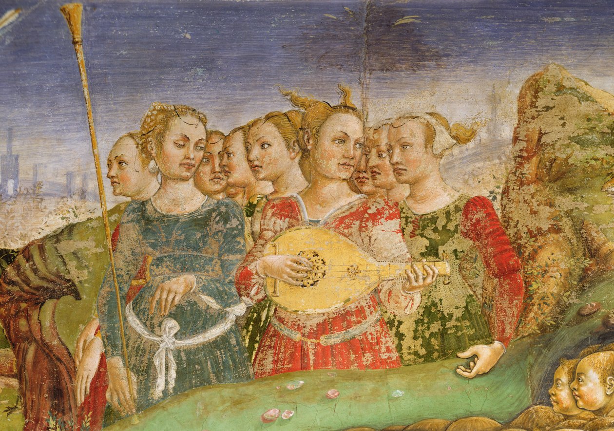 Alegorie května: Apollónův triumf, detail skupiny mladých dívek s hráčem na loutnu, 1469-70, od Francesco del Cossa