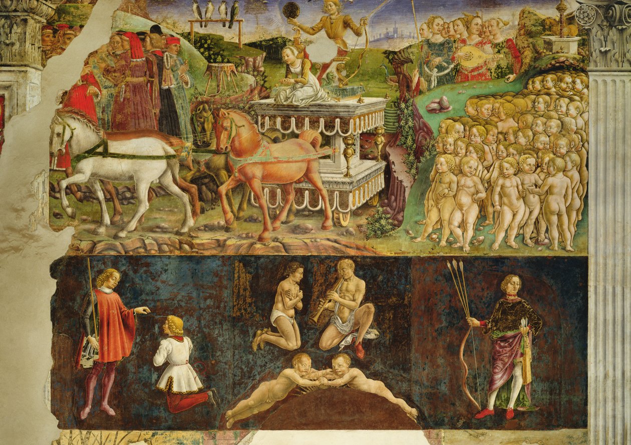 Alegorie května: Apollónův triumf, astrologické symboly Blíženců, 1469-70, od Francesco del Cossa