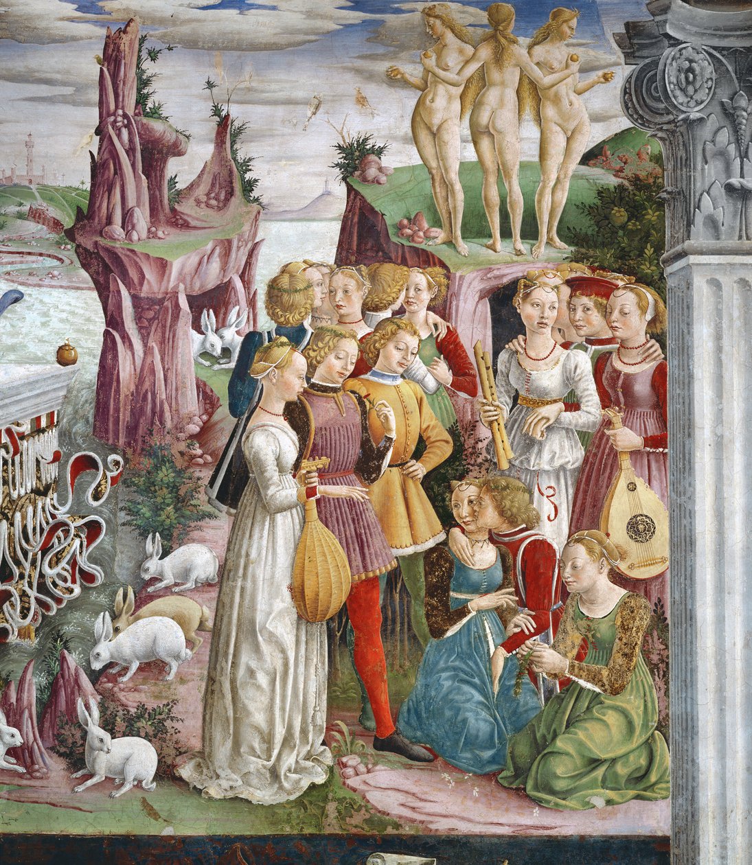 The Triumph of Venus: April from the Room of the Months, detail skupiny hudebníků, cca 1467-70 od Francesco del Cossa
