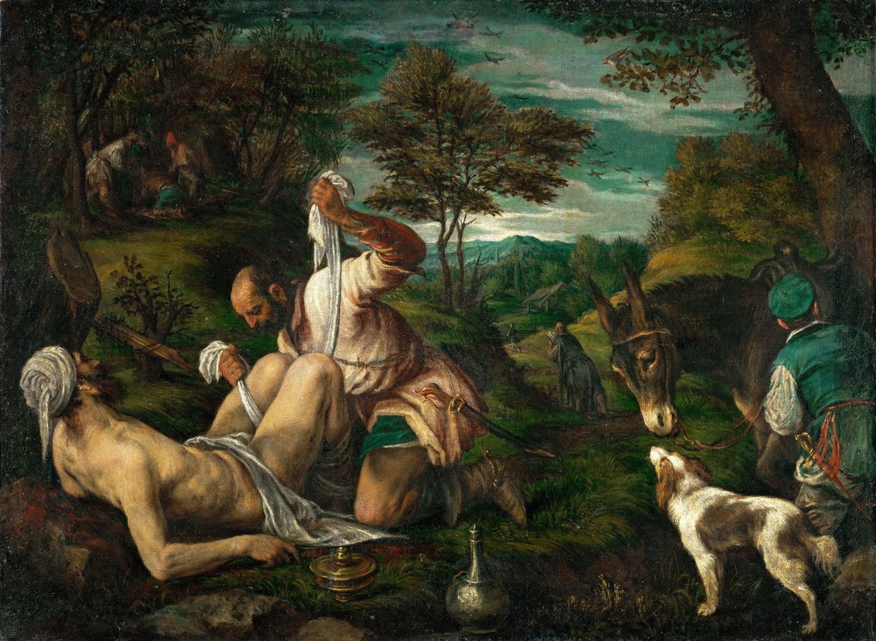 Le bon samaritain - Podobenství o milosrdném Samaritánovi, od Bassano, Francesco, mladší (1549-1592). Olej na plátně, ca. 1575. Rozměr : 73x98,4 cm. Uměleckohistorické muzeum, Vienne od Francesco Bassano