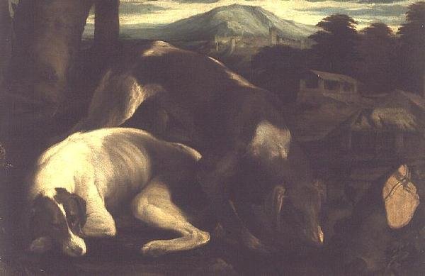 Dva lovečtí psi, kolem roku 1555 od Francesco Bassano