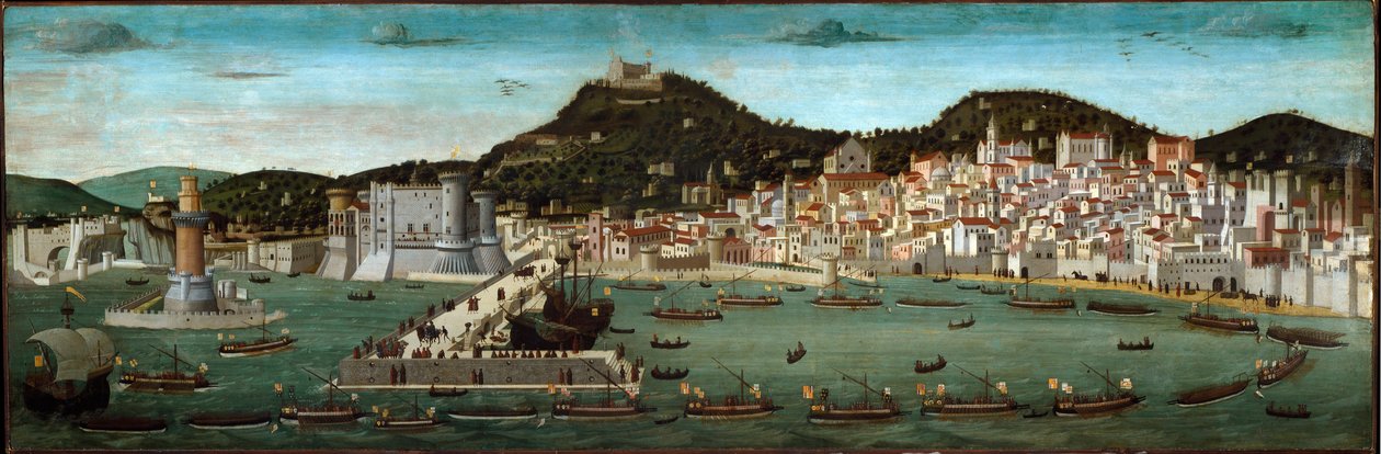 Tavola Strozzi: návrat aragonské flotily vítězné v bitvě na Ischii v roce 1465 (tempera na dřevě od Francesco (attr.) Rosselli