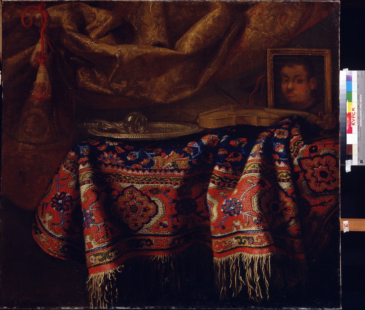 Zátiší s autoportrétem. (Zátiší s autoportrétem). Obraz Francesca Fieravina (mezi 1610 a 1660). Italské umění, barokní styl. Oblastní galerie umění A. Deineka, Kursk, Rusko od Francesco (b.1640) Fieravino