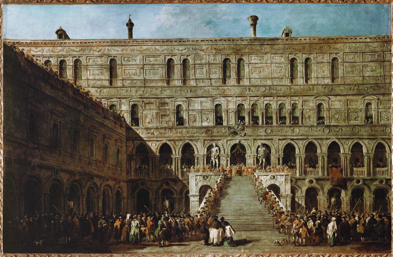 Korunovace benátského dóžete na schodišti obrů vévodského paláce ... od Francesco (circle of) Guardi