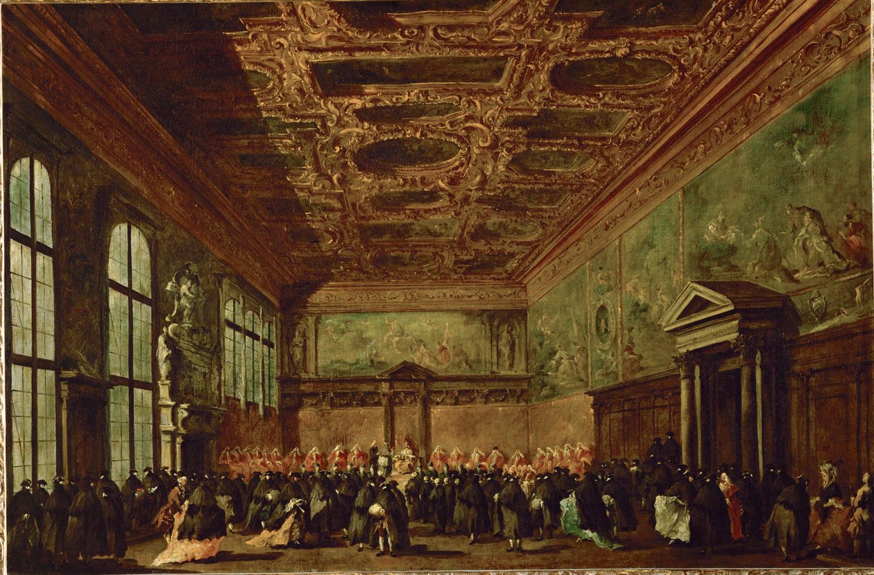 La salle du college au palais des Doges a Venise - Radní sál v Dóžecím paláci, Benátky ... od Francesco (circle of) Guardi