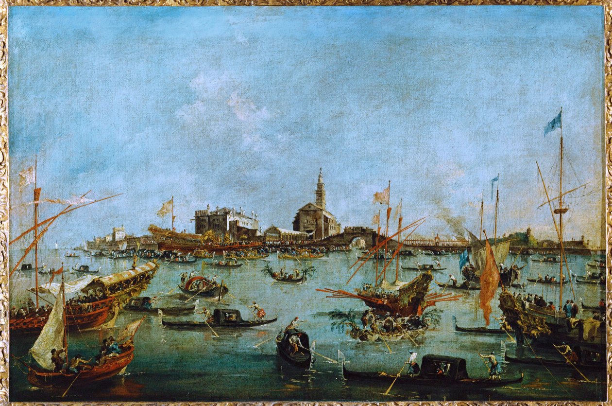 Dóže na své zlaté gondole Bucintoro projíždí kolem San Niccolo del Lido ... od Francesco (circle of) Guardi