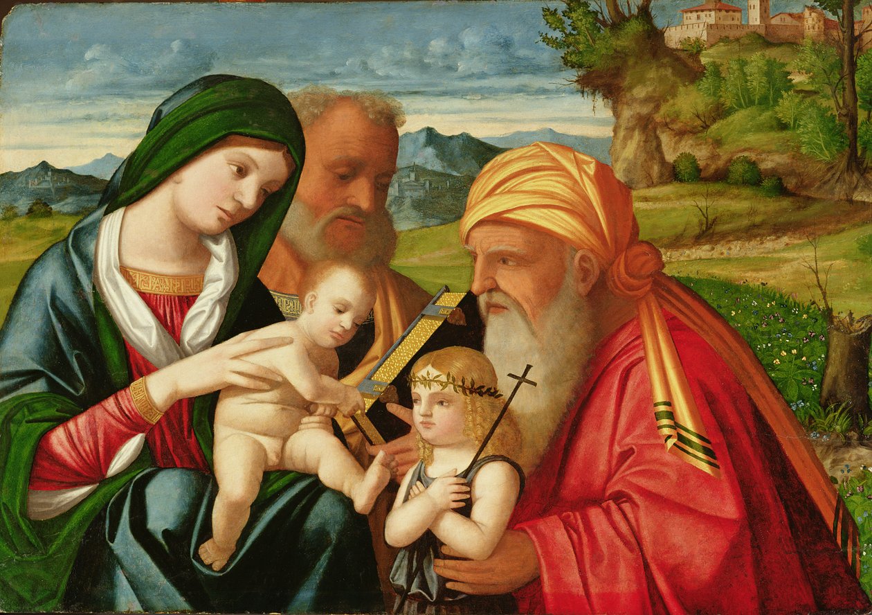 Svatá rodina se svatým Simeonem a Janem Křtitelem, počátek 16. století (olej na desce) od Francesco (fl.1508 45) Rizzi da Santacroce