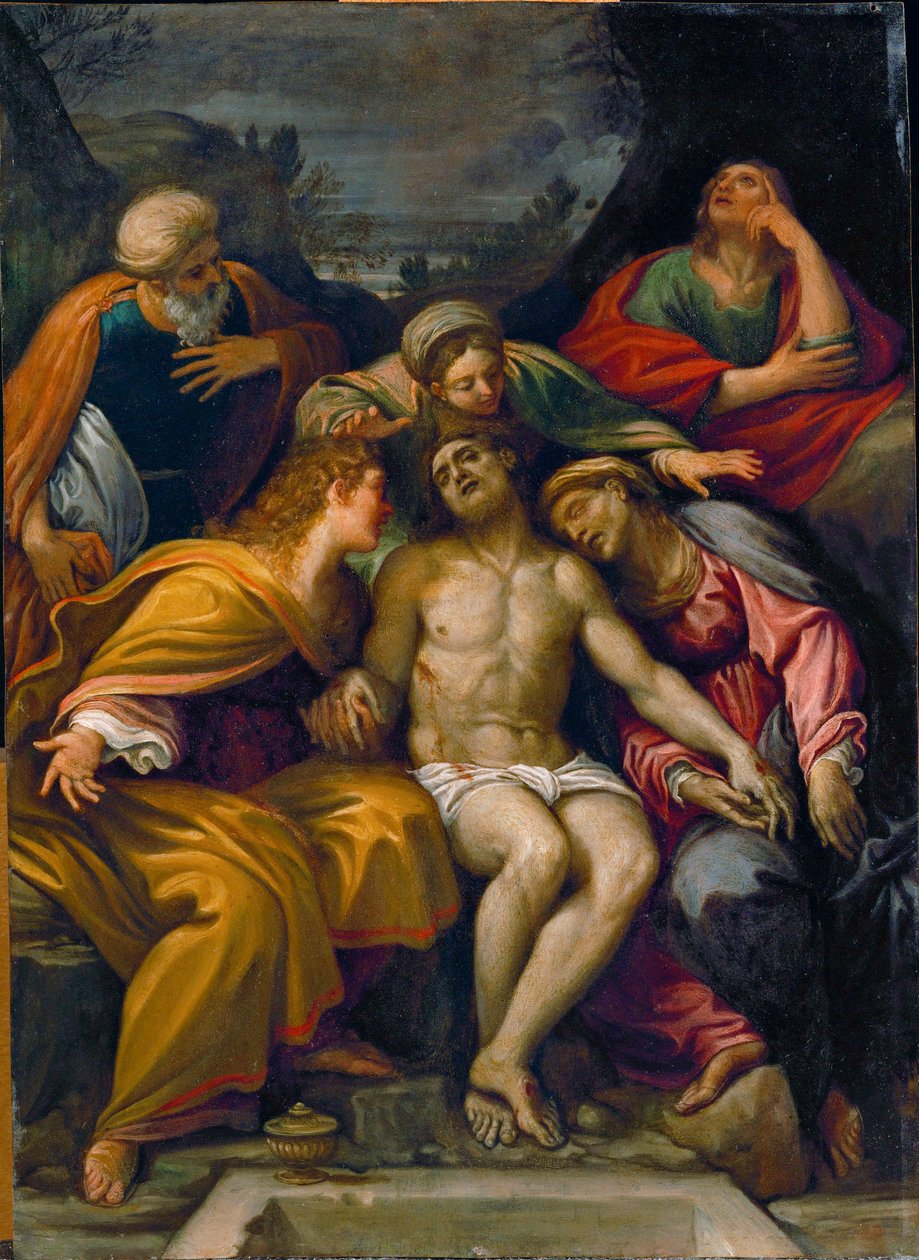 Deplorace se svatým Janem apoštolem, svatou Magdalenou, Marií Salome, Josefem z Arimatie a svatou Marií... od Francesco Albani