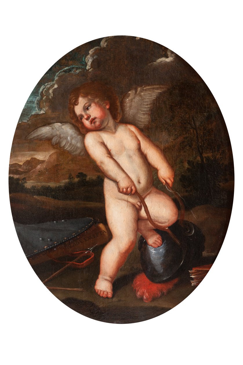 Okřídlený Putto rozbíjí Minerviny nástroje od Francesco Albani
